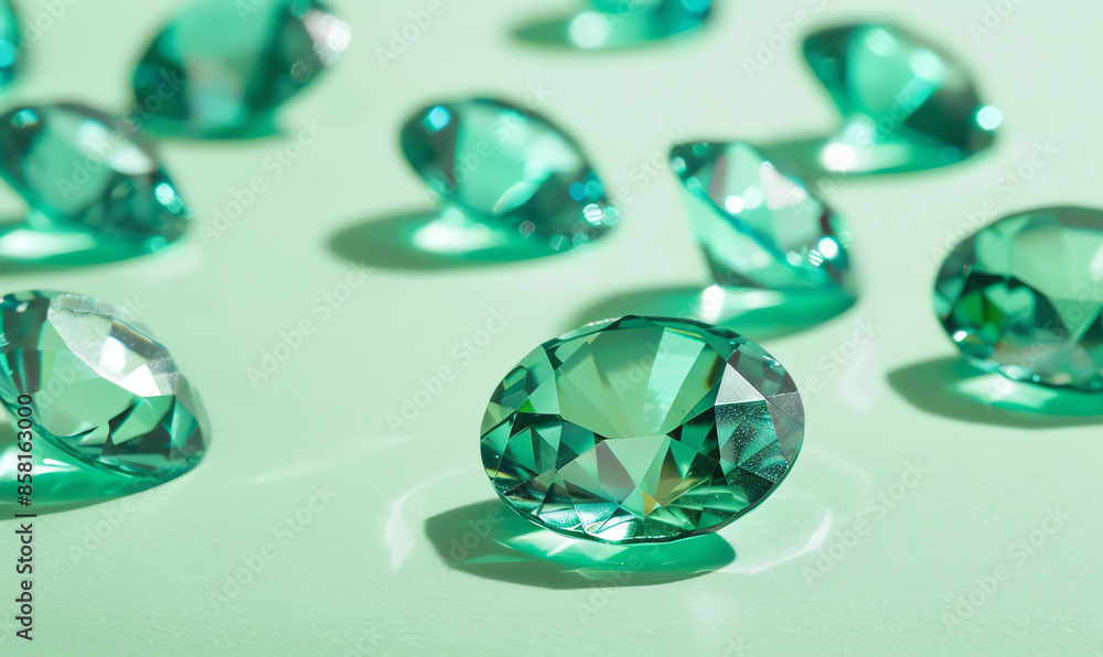 Minimalist Cyan Gemstones on Green Background Minimalist Cyan Gemstones on Green Background