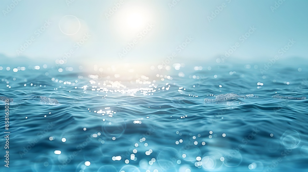 Abstract blurred background of blue sea water with bokeh and sun rays. Blurred light in the sky over calm ocean, banner template for summer vacation concept. Abstract blurred background of blue sea water with bokeh and sun rays. Blurred light in the sky over calm ocean, banner template for summer vacation concept.