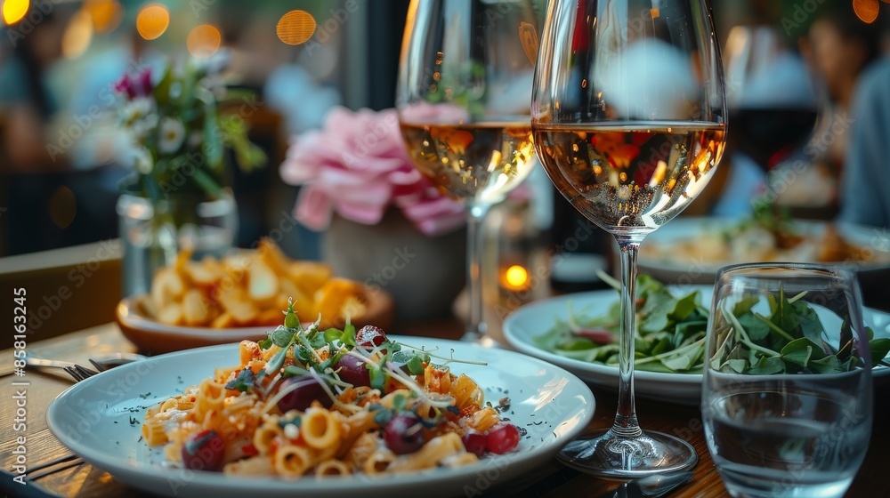 This inviting image showcases a delightful Italian meal with pasta, a salad, and a glass of white wine, creating an appealing dining atmosphere with soft lighting. This inviting image showcases a delightful Italian meal with pasta, a salad, and a glass of white wine, creating an appealing dining atmosphere with soft lighting.
