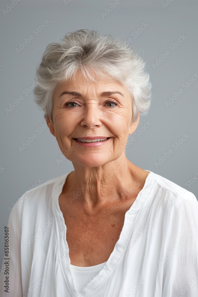 Happy senior woman with a confident smile, radiating health and natural beauty in a casual setting. Happy senior woman with a confident smile, radiating health and natural beauty in a casual setting.