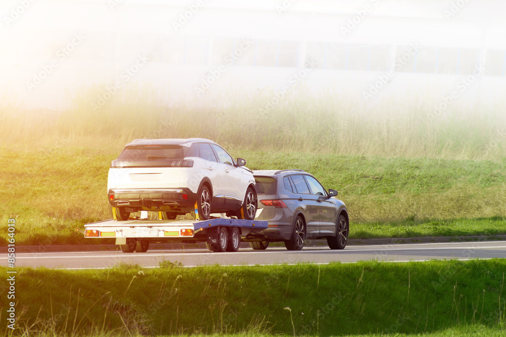 Tow truck transporting disabled car on highway Tow truck transporting disabled car on highway