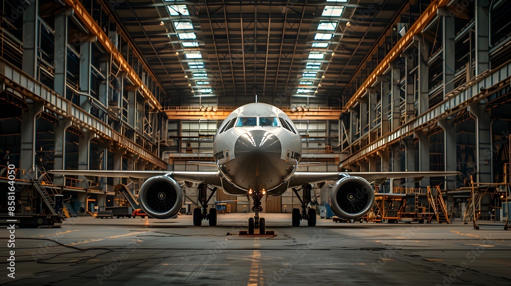 An airplane in the hangar, wide-angle lens, symmetrical composition, bright lighting, high contrast between white and gray colors, surrounded by steel beams and industrial equipment. An airplane in the hangar, wide-angle lens, symmetrical composition, bright lighting, high contrast between white and gray colors, surrounded by steel beams and industrial equipment.
