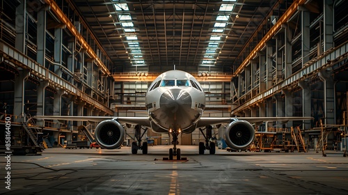 An airplane in the hangar, wide-angle lens, symmetrical composition, bright lighting, high contrast between white and gray colors, surrounded by steel beams and industrial equipment.