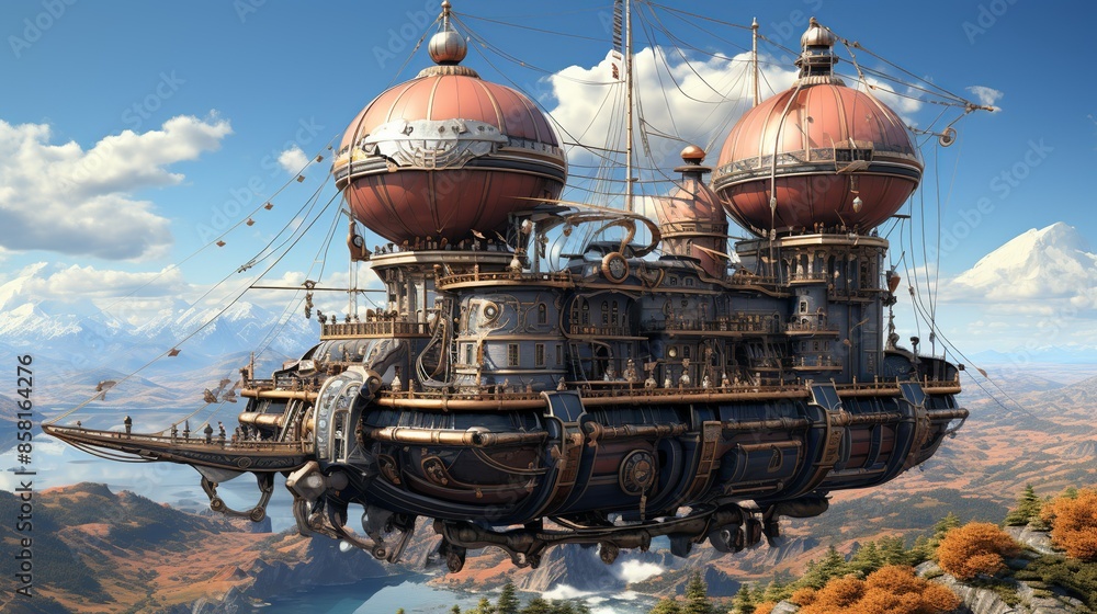 Obraz premium An intricate, high-quality illustration of a steampunk-inspired airship, featuring elaborate gears, mechanical details, and a vintage, adventurous aesthetic. Illustration, Minimalism,