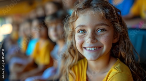 A smiling girl with freckles is sitting at a sports event, wearing a yellow shirt, with spectators and vibrant atmosphere creating a lively background.