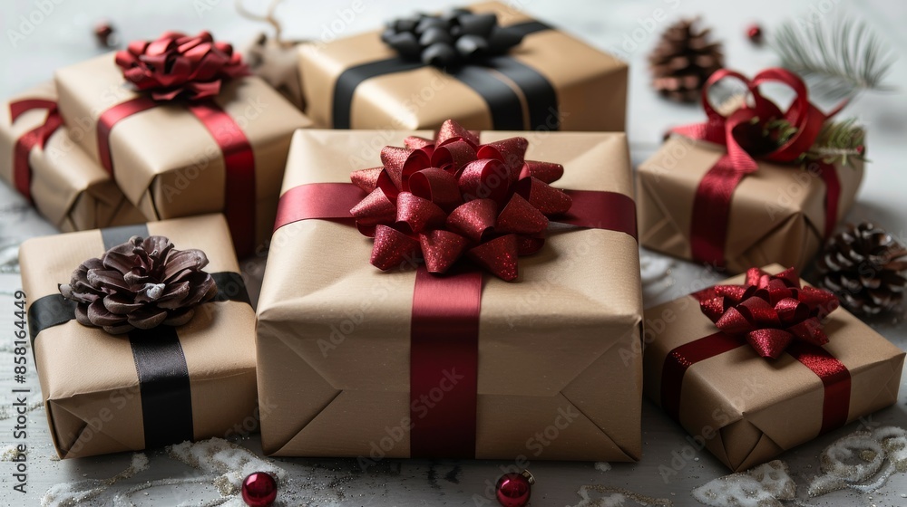 A selection of elegantly wrapped presents in brown paper, adorned with red and black ribbons and surrounded by pinecones, set on a white wooden surface with festive elements. A selection of elegantly wrapped presents in brown paper, adorned with red and black ribbons and surrounded by pinecones, set on a white wooden surface with festive elements.
