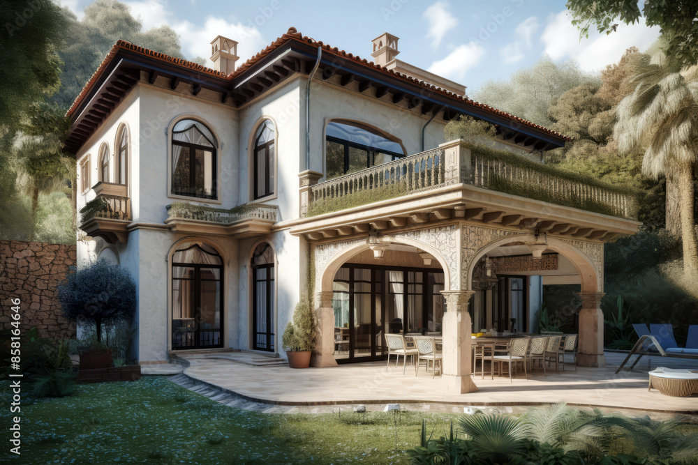 Exterior of a private house in Spain style with cozy terrace. Exterior of a private house in Spain style with cozy terrace.
