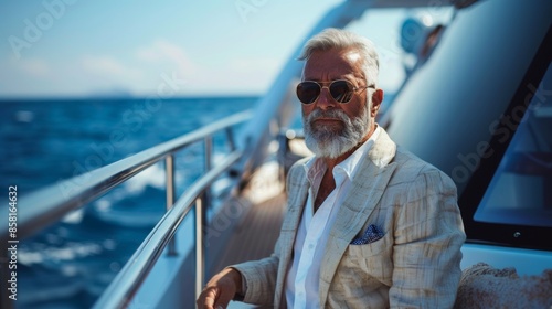 Fashion portrait of a senior male model on yacht in sea.