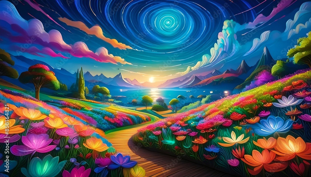 a beautiful paradise land full of flowers; colorful clouds and blue sky, perfect for meditation or yoga training in the outdoors environment a beautiful paradise land full of flowers; colorful clouds and blue sky, perfect for meditation or yoga training in the outdoors environment