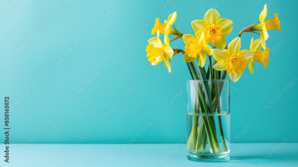 custom made wallpaper toronto digitalDaffodil bouquet in glass cup on turquoise background with text space