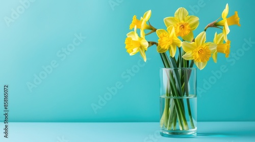 Wallpaper Mural Daffodil bouquet in glass cup on turquoise background with text space Torontodigital.ca