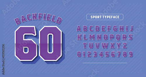 Stylish number and alphabet effects. Jersey text design concept. Sport typeface with light purple color and chrome outlined. Vector illustration
