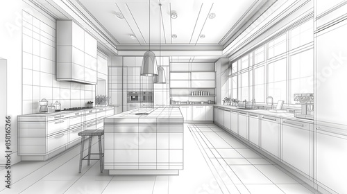 An intricate pencil sketch depicting a modern kitchen layout with sleek countertops and state-of-the-art appliances. visualizing home remodeling projects or for use in design presentations.