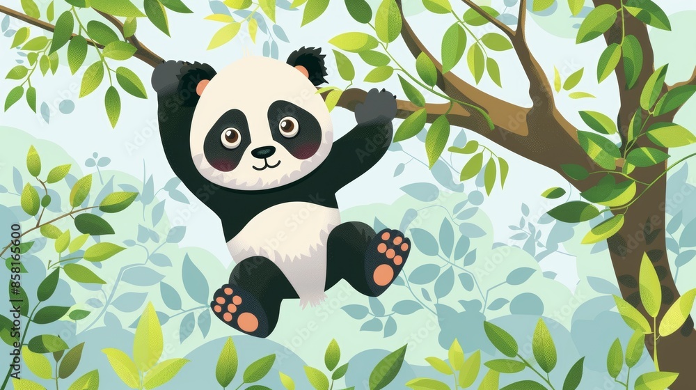Flat vector illustration of cute panda on tree Flat vector illustration of cute panda on tree