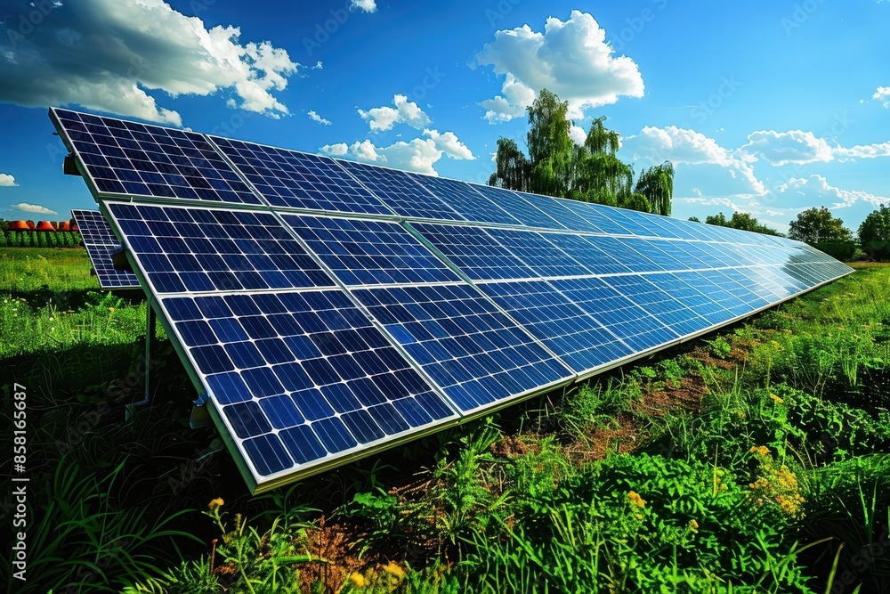 A solar farm with rows of solar panels under a bright, sunny sky, showcasing large-scale renewable energy production. A solar farm with rows of solar panels under a bright, sunny sky, showcasing large-scale renewable energy production.