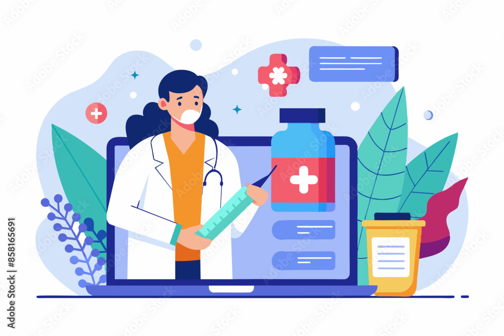 Doctor showing a syringe by a laptop in a presentation. In the image, a doctor is standing with a syringe in hand in front of a laptop computer, possibly in a medical or telemedicine context Doctor showing a syringe by a laptop in a presentation. In the image, a doctor is standing with a syringe in hand in front of a laptop computer, possibly in a medical or telemedicine context