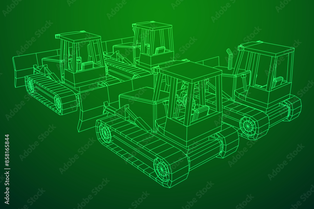Big front-end loader bulldozer. Heavy equipment machine and manufacturing equipment for mining. Wireframe low poly mesh vector illustration. Big front-end loader bulldozer. Heavy equipment machine and manufacturing equipment for mining. Wireframe low poly mesh vector illustration.