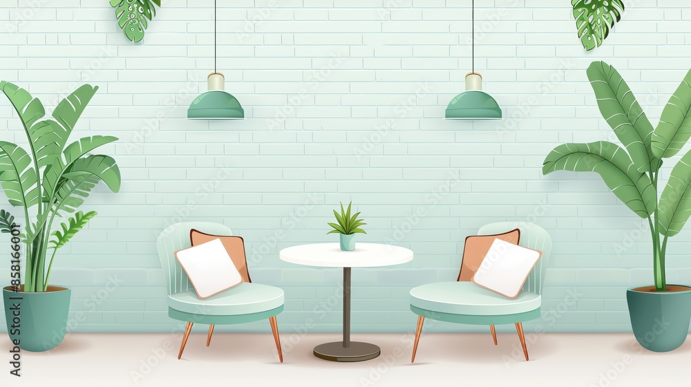 Minimalist living room with two chairs, a table, and plants, set against a light green brick wall. Minimalist living room with two chairs, a table, and plants, set against a light green brick wall.