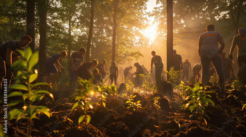 Fototapeta premium A public garbage collection event at dawn in a dense forest