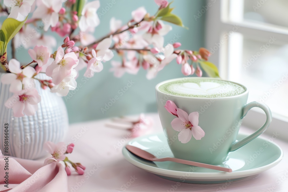 A cup of latte art coffee with a blooming cherry blossom branch in a vase. A pink napkin and a spoon are on the table. Photo of spring. A cup of latte art coffee with a blooming cherry blossom branch in a vase. A pink napkin and a spoon are on the table. Photo of spring.
