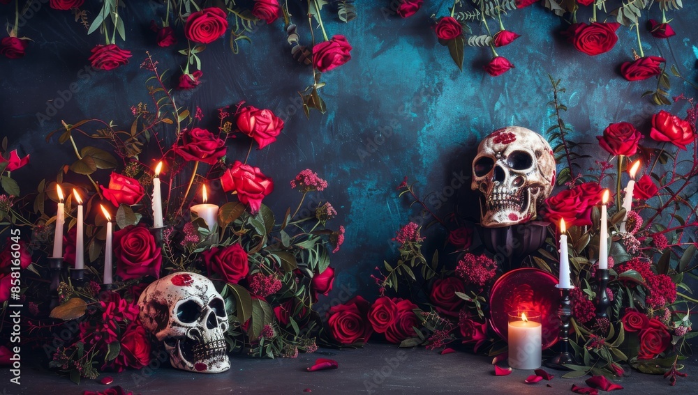 Dark Gothic Floral Skull Arrangement with Candles and Red Roses Dark Gothic Floral Skull Arrangement with Candles and Red Roses