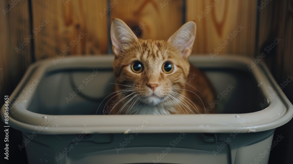 Adorable orange cat peeking out of enclosed litter box Wide shot with empty area Adorable orange cat peeking out of enclosed litter box Wide shot with empty area