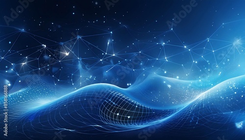 abstract blue technology background with digital waves, dynamic network system, artificial neural connections, cyber quantum computing and electronic global intelligence
