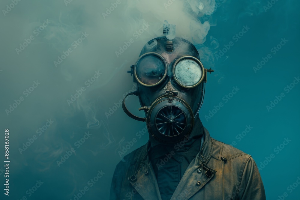 A person in mustard-colored jacket wearing gas mask against light blue background, with thick smoke on left side of the frame. themes of survival, pollution, and post-apocalyptic scenarios A person in mustard-colored jacket wearing gas mask against light blue background, with thick smoke on left side of the frame. themes of survival, pollution, and post-apocalyptic scenarios