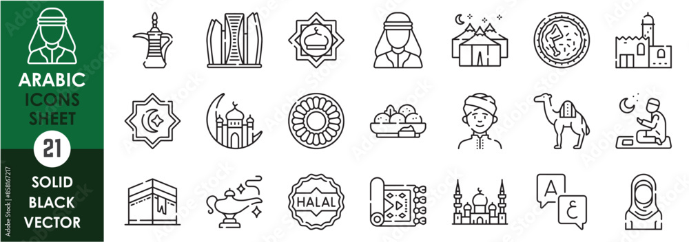 A set of line icons related to Arabic. Language, culture, mosque, architecture, food, camp, muslim, camel, rugs and so on. Vector outline icons set. A set of line icons related to Arabic. Language, culture, mosque, architecture, food, camp, muslim, camel, rugs and so on. Vector outline icons set.