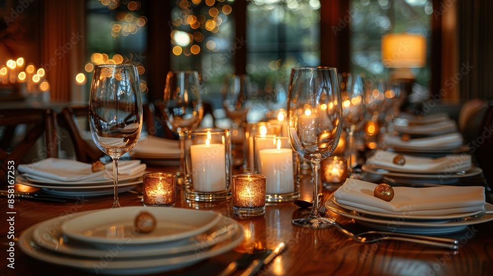 A dinner table lit with the soft glow of candles and set with elegant glassware and plates, creating a cozy and intimate dining experience. A dinner table lit with the soft glow of candles and set with elegant glassware and plates, creating a cozy and intimate dining experience.