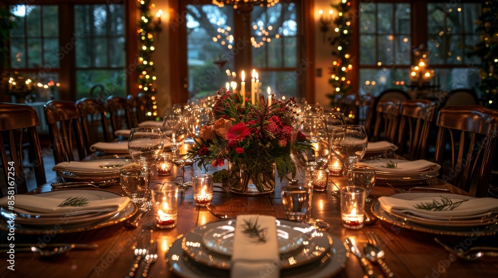 A beautifully decorated dinner table set for a festive occasion, featuring candles, flower arrangements, elegant tableware, and a warm, inviting ambiance. A beautifully decorated dinner table set for a festive occasion, featuring candles, flower arrangements, elegant tableware, and a warm, inviting ambiance.