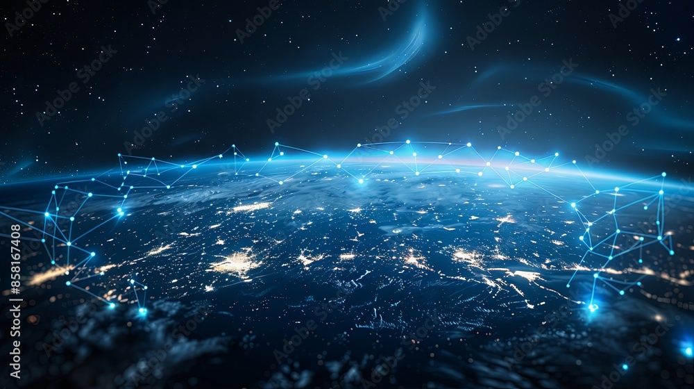 This image shows a nighttime view of Earth, featuring interconnected glowing nodes that represent a complex global network, emphasizing digital and technological connectivity. This image shows a nighttime view of Earth, featuring interconnected glowing nodes that represent a complex global network, emphasizing digital and technological connectivity.
