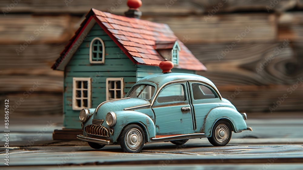 House on wooden background with retro toy car very detailed and realistic shape
