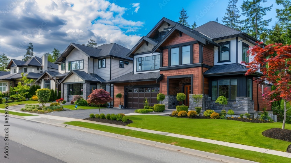 Modern suburban homes with distinctive architectural styles and landscaped yards