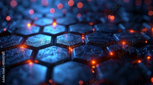 Depicts a surface composed of hexagonal structures lit with glowing points, illustrating complex digital architecture integrating technology and artistic design, mesmerizing sight. photo