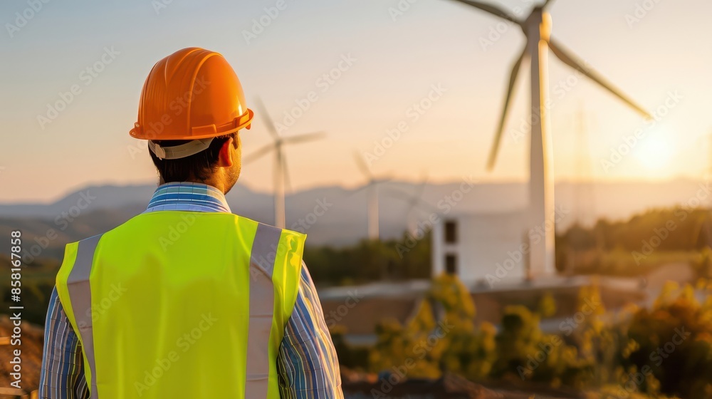An engineer in a reflective vest looking over a hydroelectric dam with wind turbines in the background engineer reflective vest hydroelectric dam wind renewable energy environment An engineer in a reflective vest looking over a hydroelectric dam with wind turbines in the background engineer reflective vest hydroelectric dam wind renewable energy environment