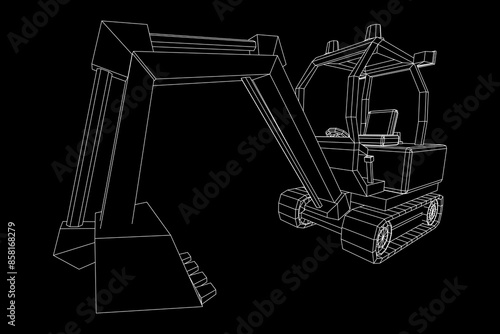 Heavy equipment excavator machine manufacturing power equipment for open pit mining. Wireframe low poly mesh vector illustration