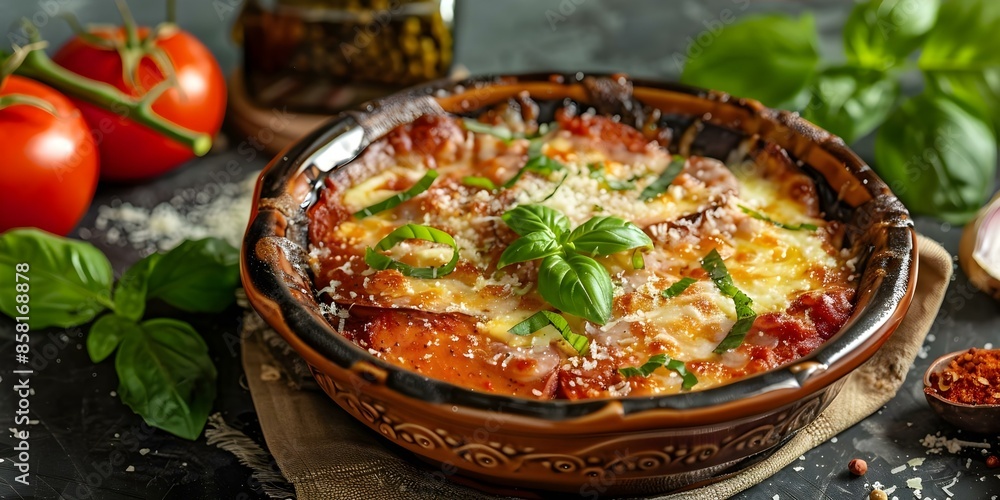 Eggplant Parmesan with melted cheese and fresh herbs on decorated table. Concept Food Photography, Vegetable Dishes, Italian Cuisine, Gourmet Dining, Culinary Art Eggplant Parmesan with melted cheese and fresh herbs on decorated table. Concept Food Photography, Vegetable Dishes, Italian Cuisine, Gourmet Dining, Culinary Art