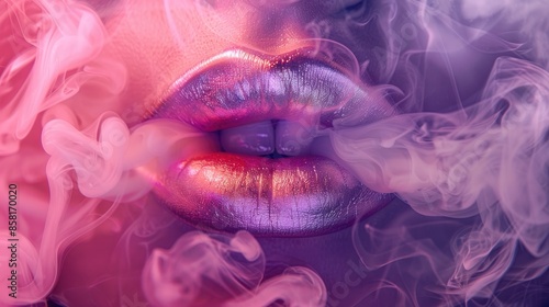 Beauty and fashion concept. Art portrait of a gorgeous woman with dark make-up smoking in red light 