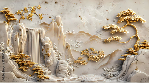 3d Bas-relief, Volumetric stucco molding on a concrete wall with golden elements, Japanese landscape, waterfall, mountains.