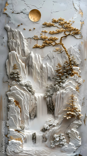 3d Bas-relief, Volumetric stucco molding on a concrete wall with golden elements, Japanese landscape, waterfall, mountains.