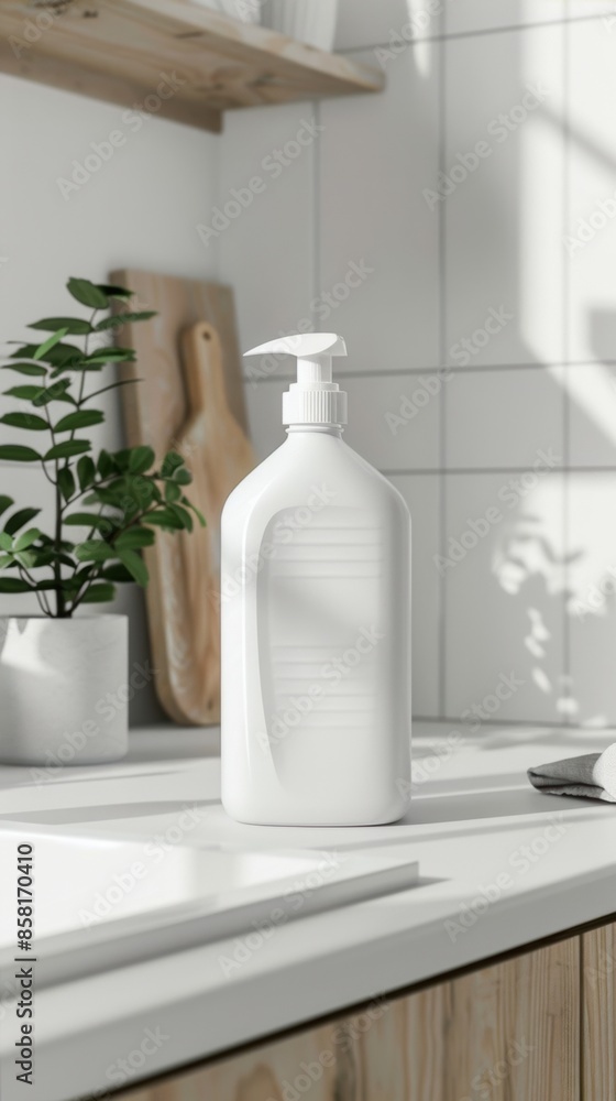A bottle of liquid sitting on top of a counter A bottle of liquid sitting on top of a counter