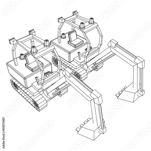 Heavy equipment excavator machine manufacturing power equipment for open pit mining. Wireframe low poly mesh vector illustration