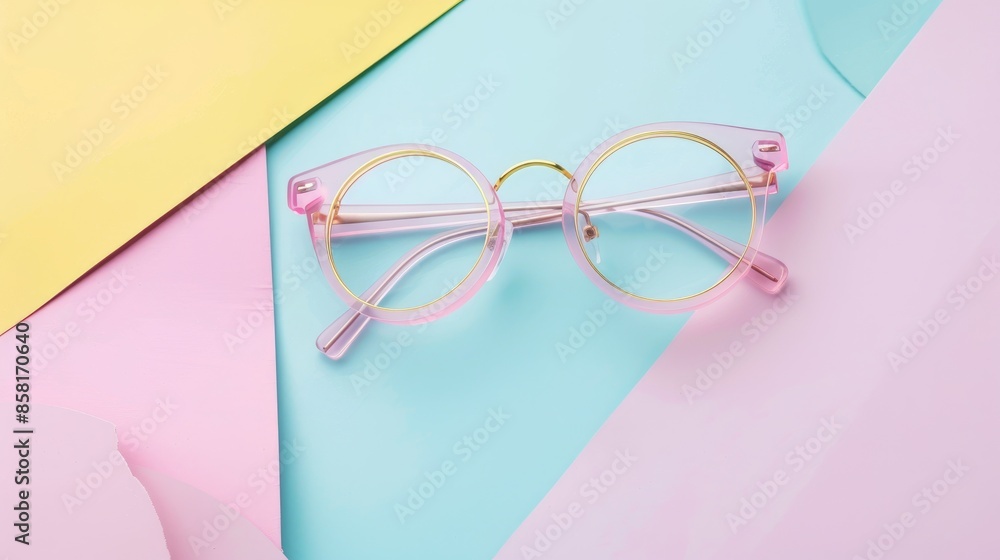 Fashionable eyeglasses on a pastel geometric backdrop with copy space in pink yellow and light blue hues Fashionable eyeglasses on a pastel geometric backdrop with copy space in pink yellow and light blue hues