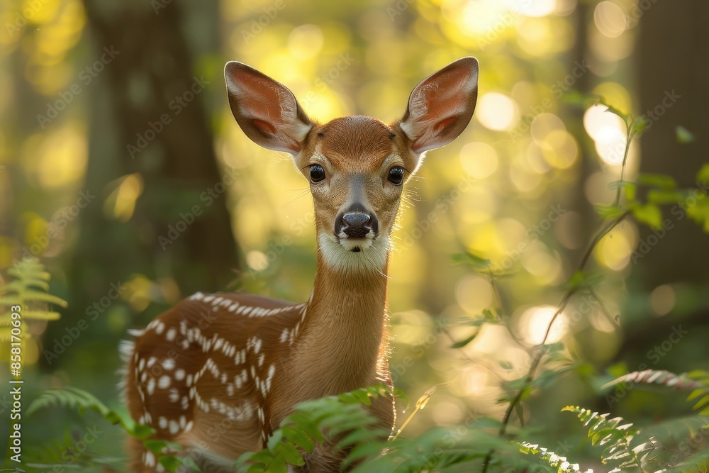 A spotted fawn standing in a sun-dappled forest clearing, surrounded by tall trees and ferns. The fawn is looking directly at the camera with wide eyes A spotted fawn standing in a sun-dappled forest clearing, surrounded by tall trees and ferns. The fawn is looking directly at the camera with wide eyes