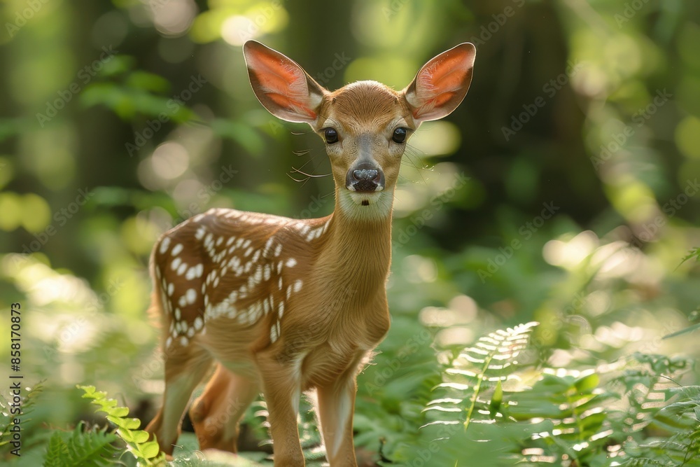 A spotted fawn standing in a sun-dappled forest clearing, surrounded by tall trees and ferns. The fawn is looking directly at the camera with wide eyes A spotted fawn standing in a sun-dappled forest clearing, surrounded by tall trees and ferns. The fawn is looking directly at the camera with wide eyes
