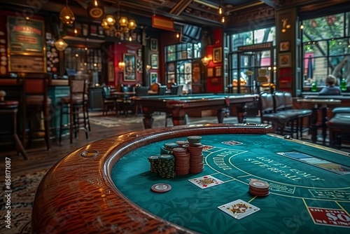 Luxury casino interior with roulette table and chairs. 3D rendering © Katsiaryna
