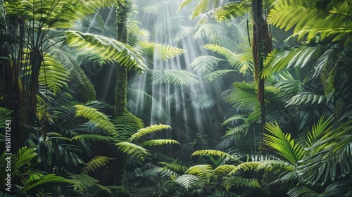 Deep tropical rainforest with green plants, moss, ferns. © Joyce