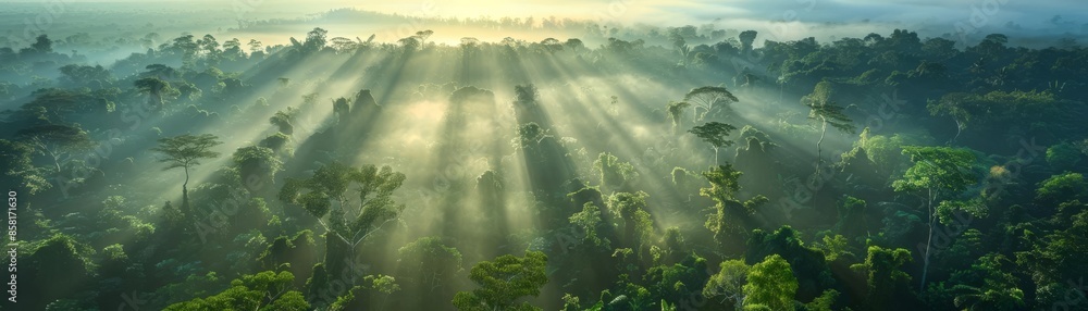 Aerial View of a Misty Rainforest at Sunrise with Light Rays Aerial View of a Misty Rainforest at Sunrise with Light Rays