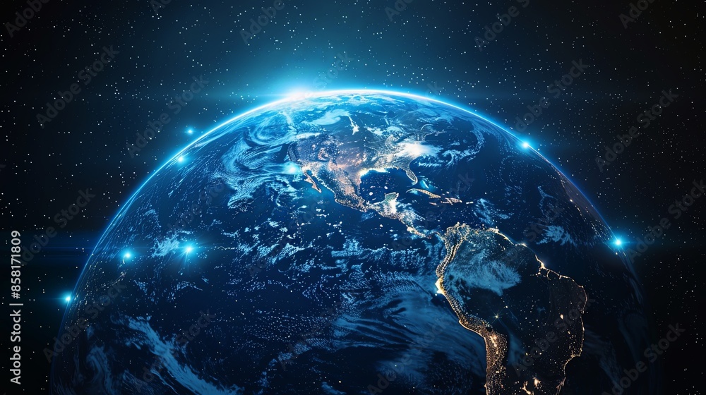 A breathtaking view from space showcasing Earth's continents at dawn, illuminated by blue lights symbolizing the vast interconnected digital networks spanning the globe.